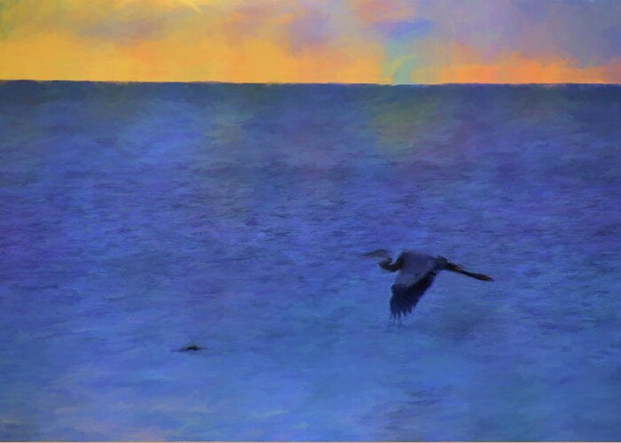 Herons Greeting Card featuring the photograph Heron Across The Sea by Jan Amiss Photography