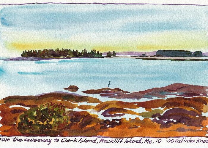 Landscape Greeting Card featuring the painting Heron at Rackliff Island Causeway Spruce Head Maine by Catinka Knoth