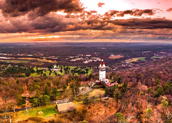 Heublein Greeting Card featuring the photograph Heublein Tower, Simsbury Connecticut, Cloudy Sunset by Mike Gearin