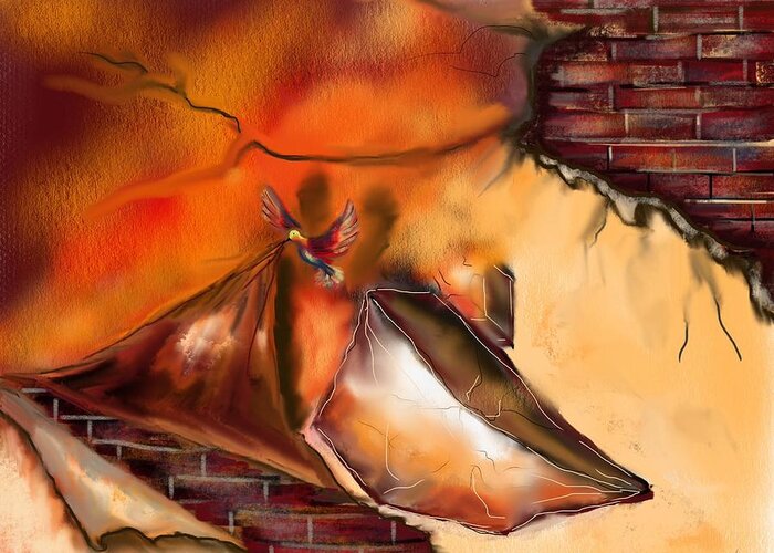 Hidden True Lie Hide Under Layers Stone Blocks Wall Bird Abstract Print Painting Crack Colors Red Orange Pull Greeting Card featuring the painting Hidden true by Miroslaw Chelchowski