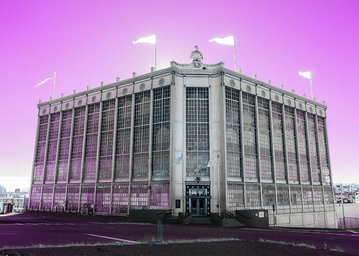 Ir Infra Red Infrared Purple Sky Architecture Steel Higgins Armory Museum Worcester Ma Mass Massachusetts Historic Iconic Brian Hale Brianhalephoto New England Newengland U.s.a. Usa Brian Hale Brianhalephoto Greeting Card featuring the photograph Higgins Armory in Infrared by Brian Hale