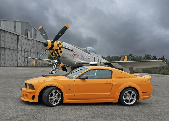 Ford Mustang Greeting Card featuring the photograph High Flyers - Mustang and P51 by Gill Billington