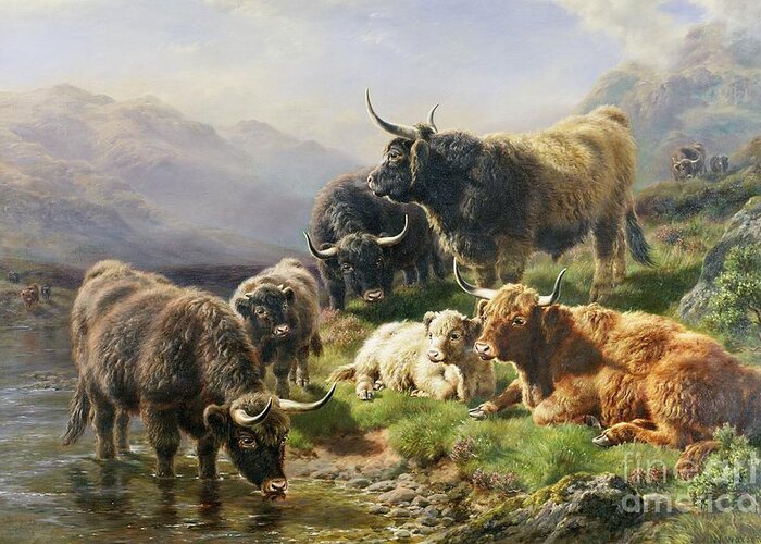 Highland Greeting Card featuring the painting Highland Cattle by William Watson