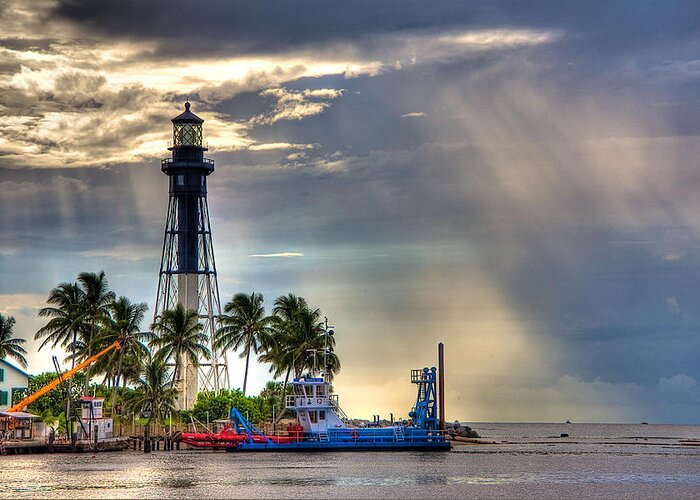 Lighthouse Cloudscape Coastal Palm Hillsboro Barge Sky Ocean Sea Greeting Card featuring the photograph Hillsboro Inlet Lighthouse by William Wetmore