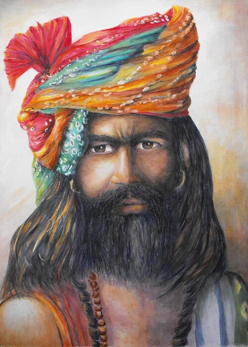 Hindu Greeting Card featuring the painting Hindu Holy Man by Debra Bannister