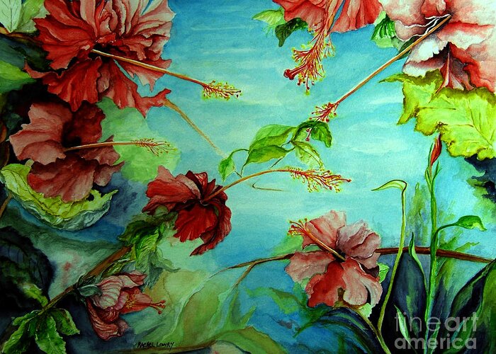 Red Greeting Card featuring the painting Hiroko's Hibiscus 4 by Rachel Lowry