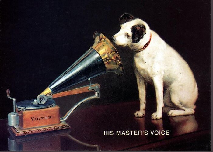 His Master's Voice Greeting Card featuring the mixed media His Master's Voice - HMV - Dog and Gramophone - Vintage Advertising Poster by Studio Grafiikka