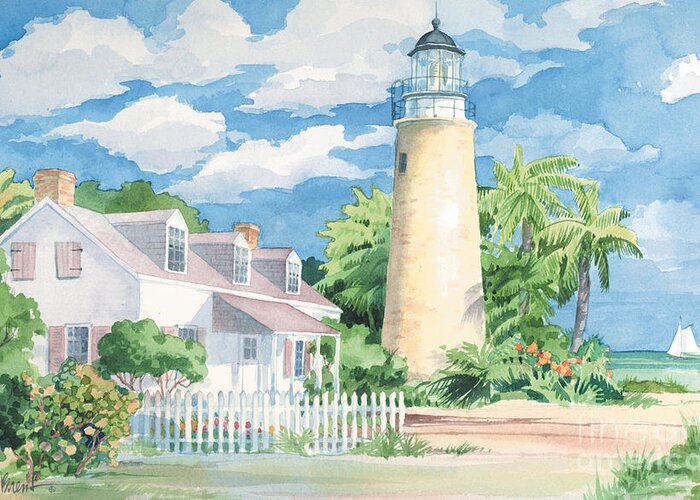 Lighthouse Greeting Card featuring the painting Historic Key West Lighthouse by Paul Brent