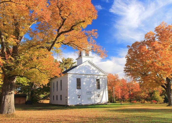 Autumn Greeting Card featuring the photograph Historic New England Meetinghouse and Fall Foliage Ware Massachusetts by John Burk