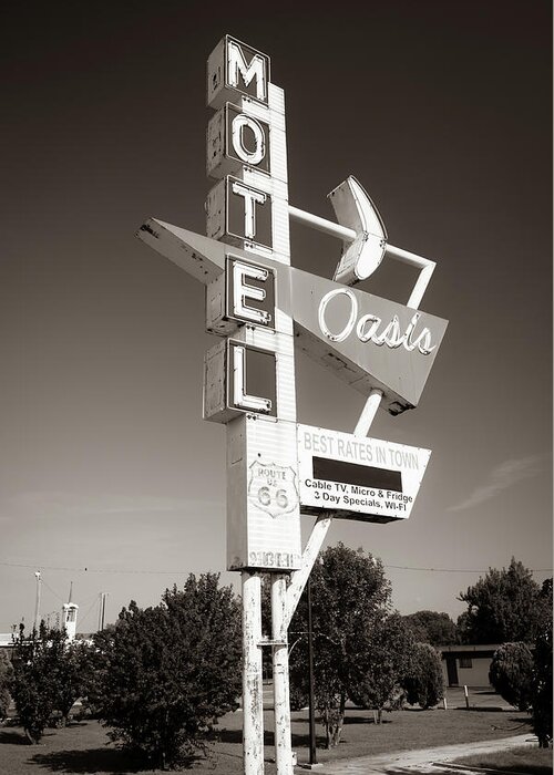 America Greeting Card featuring the photograph Historic Route 66 Googie Neon Sign - Oasis Motel - Tulsa Oklahoma USA - Sepia by Gregory Ballos