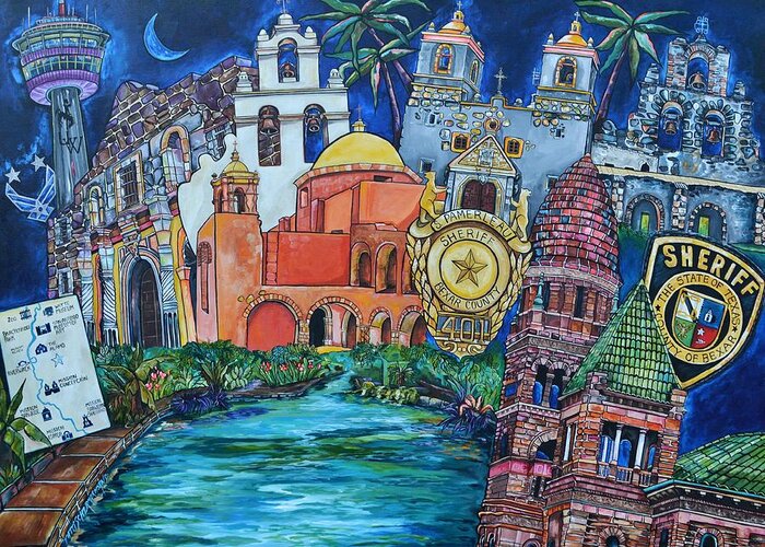 San Antonio Missions Greeting Card featuring the painting Historical 401s San Antonio by Patti Schermerhorn