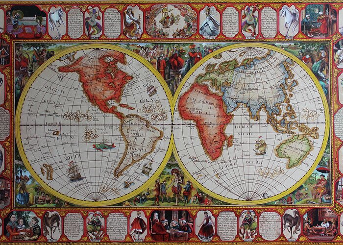 Chess Antique Map Greeting Card featuring the painting History of chess world map painted on leatheder by Vali Irina Ciobanu