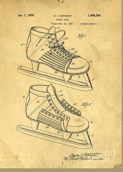 Hockey Greeting Card featuring the digital art Hockey Skates Patent Art Blueprint Drawing by Edward Fielding