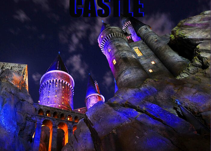 Hogsmeade Castle Greeting Card featuring the photograph Hogsmeade Castle blue text by David Lee Thompson