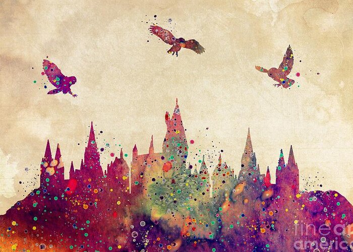 Hogwarts Castle Greeting Card featuring the digital art Hogwarts Castle Watercolor Art Print by White Lotus