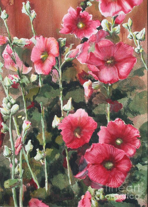 Sokolovich Greeting Card featuring the painting Hollyhocks Along The Fence by Ann Sokolovich