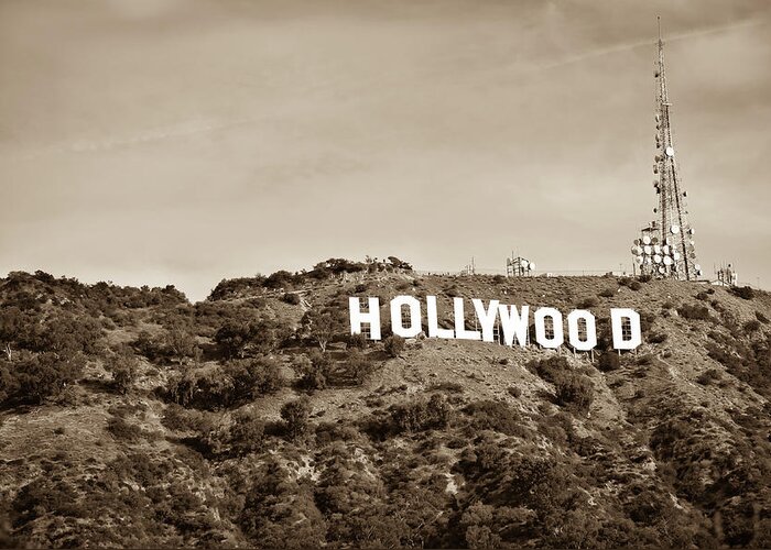 Hollywood Sign Greeting Card featuring the photograph Hollywood California Sign on Mountain - Sepia Edition by Gregory Ballos