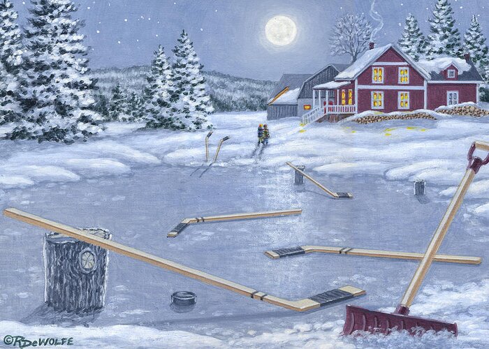 Hockey Greeting Card featuring the painting Home For Supper by Richard De Wolfe