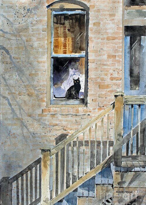 A Bombay Cat Sits In A Window Looking Out As The Evening Draws Near. The Window Is Next To The Stairs Entering Into The Apartment House. Greeting Card featuring the painting Homecoming by Monte Toon