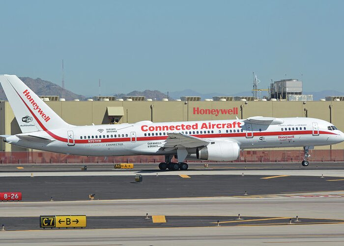 Airplane Greeting Card featuring the photograph Honeywell Boeing 757-225 N757HW Phoenix Sky Harbor September 30 2017 by Brian Lockett