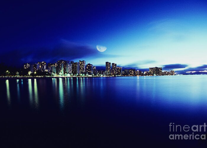 Afternoon Greeting Card featuring the photograph Honolulu at Night by Carl Shaneff - Printscapes