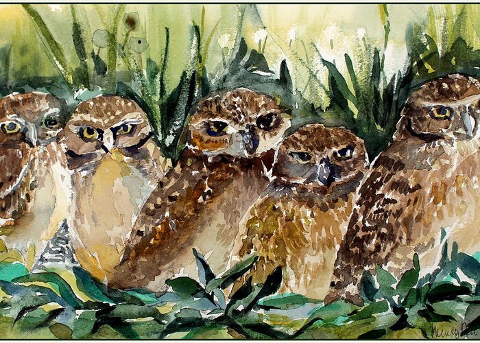 Owls Greeting Card featuring the painting Hoo is Looking at Me? by Mindy Newman