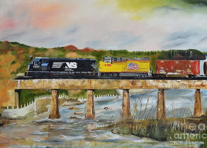 Norfolk Southern Greeting Card featuring the painting Hooch - Chattahoochee River - Columbus GA by Jan Dappen