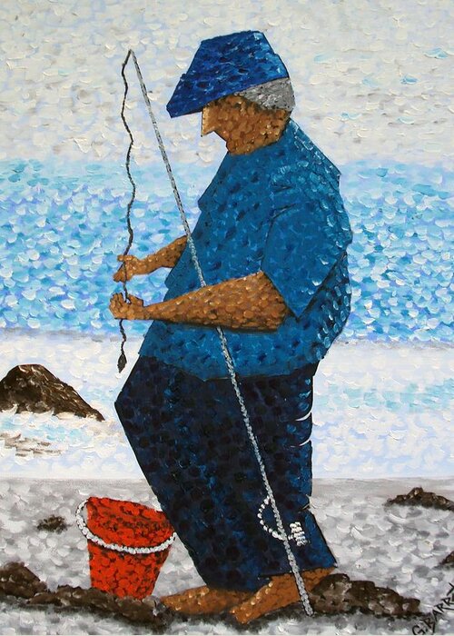 Fishermen Greeting Card featuring the painting Hooked by Gloria E Barreto-Rodriguez