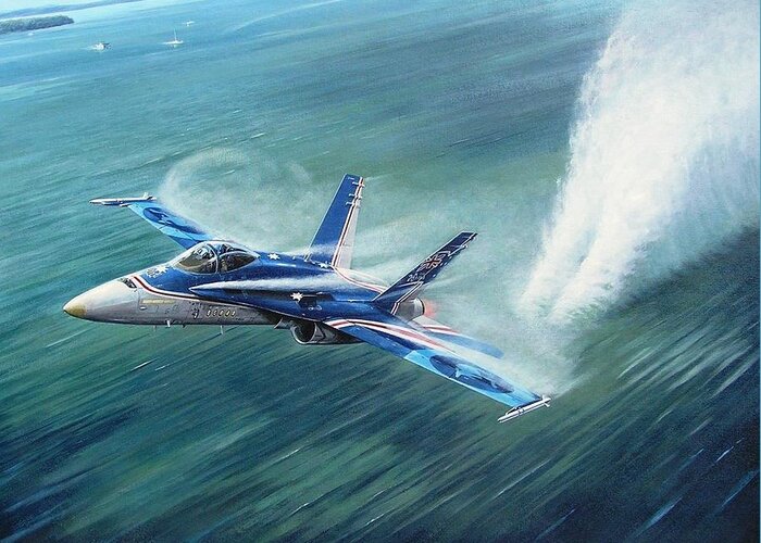 Aviation Art Greeting Card featuring the painting 'Hornet 20th Anniversary over Myall Lake NSW' by Colin Parker