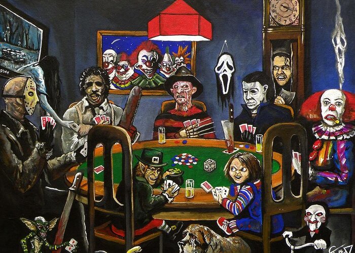 Horror Greeting Card featuring the painting Horror Card Game by Tom Carlton