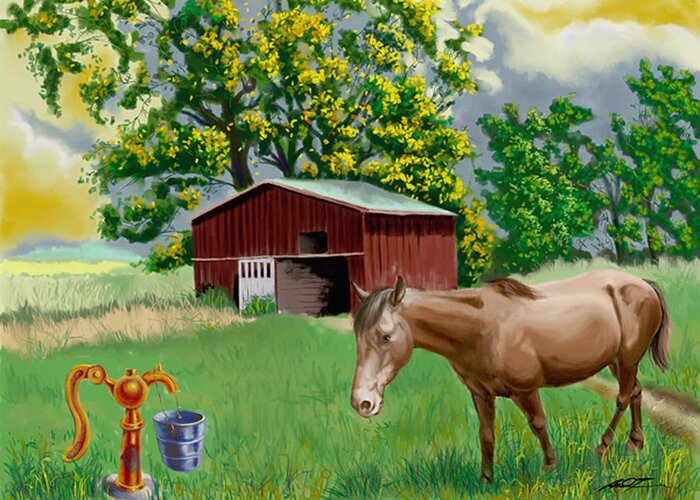 Horse Greeting Card featuring the painting Horse and Barn by Dale Turner