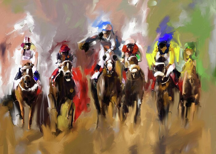 Horses Greeting Card featuring the painting Horse Race I by Mawra Tahreem