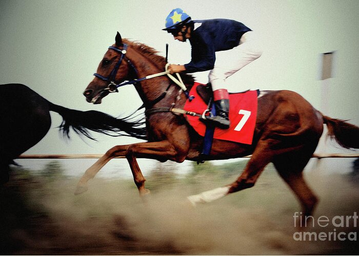 Horse Greeting Card featuring the photograph Horse race - motion blurred art photography by Dimitar Hristov