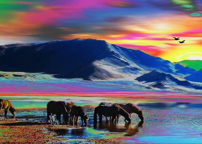 Water Greeting Card featuring the digital art Horse Sunrise by Gregory Murray