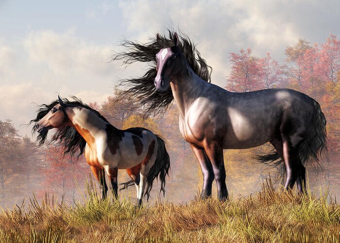 Horses In Fall Greeting Card featuring the digital art Horses in Fall by Daniel Eskridge