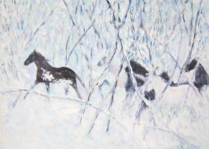 Impressionism Greeting Card featuring the painting Horses Running In Ice and Snow by Glenda Crigger