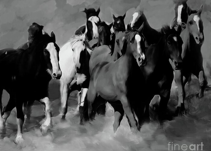 Wild Horse Greeting Card featuring the painting Horses Stampede 01 by Gull G