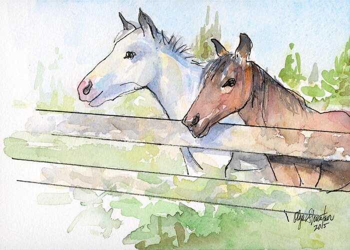Watercolor Greeting Card featuring the painting Horses Watercolor Sketch by Olga Shvartsur