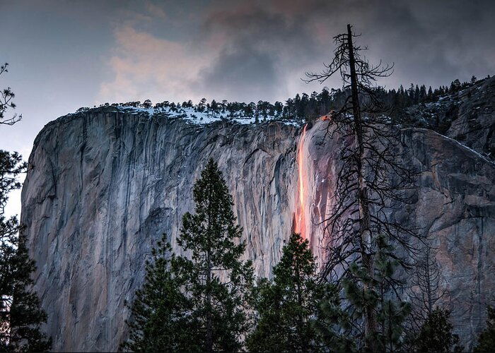 2017 Greeting Card featuring the photograph Horsetail Waterfall Glow 2017 by Connie Cooper-Edwards