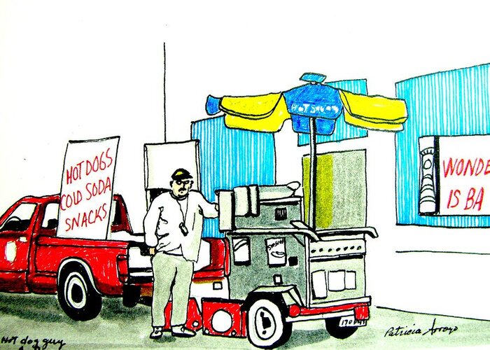Asbury Art Greeting Card featuring the drawing Hot Dog Guy of Asbury Park by Patricia Arroyo