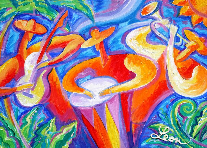 Jazz Paintings Greeting Card featuring the painting Hot Latin Jazz by Leon Zernitsky