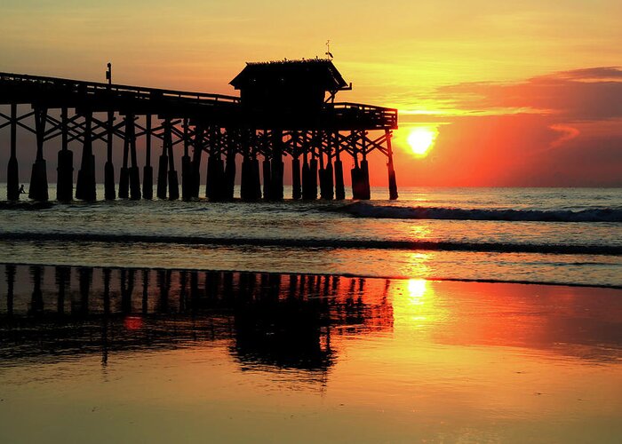 Cocoa Beach Pier Greeting Card featuring the photograph Hot Sunrise Over Cocoa Beach Pier by Carol Montoya