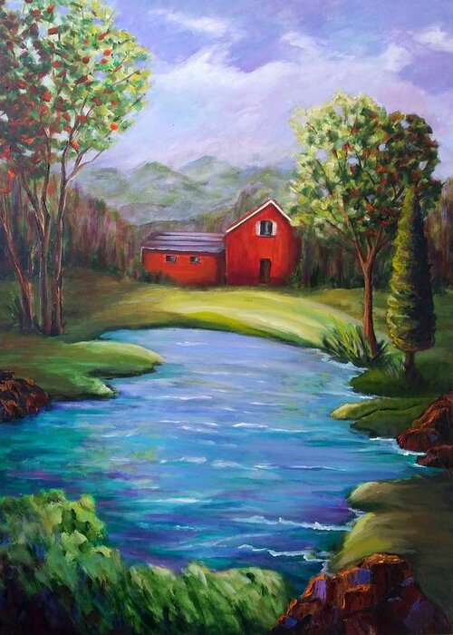 Landscape Greeting Card featuring the painting House by the Lake by Rosie Sherman