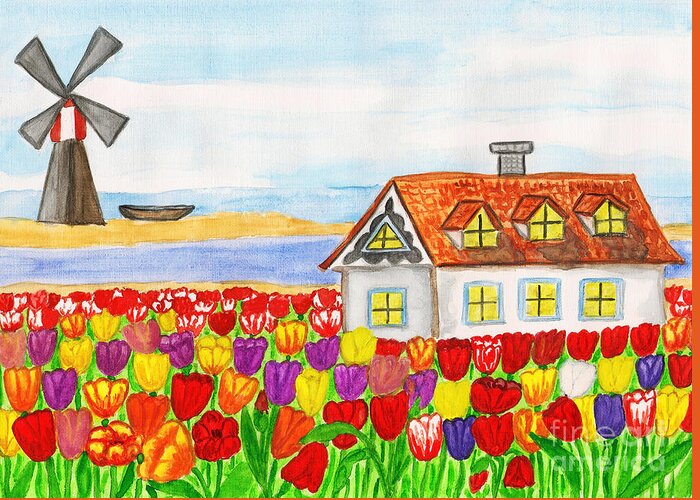 Visual Greeting Card featuring the painting House with tulips in Holland painting by Irina Afonskaya