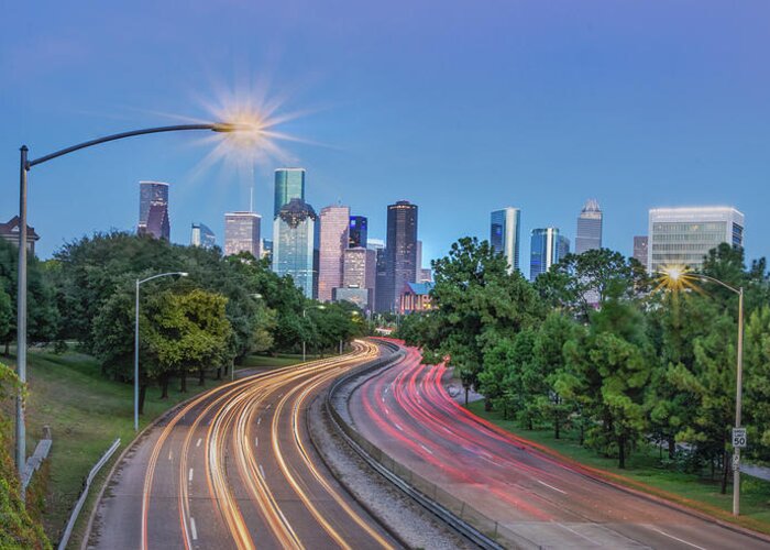Houston Greeting Card featuring the photograph Houston Evening Cityscape by James Woody