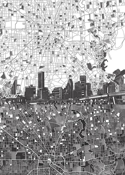 Houston Greeting Card featuring the painting Houston Skyline Map Black And White 2 by Bekim M