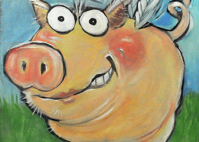 Pig Greeting Card featuring the painting Hovering Pig by Tim Nyberg