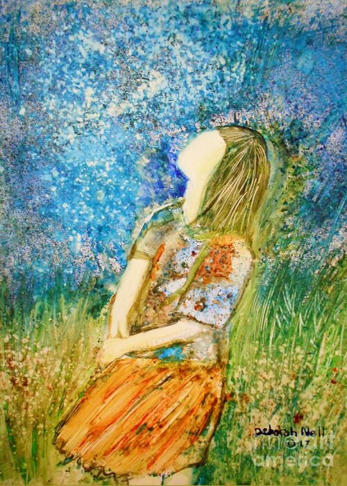 Girl In Meadow Greeting Card featuring the painting How Great Thou Art by Deborah Nell