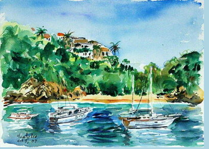 Ingrid Dohm Greeting Card featuring the painting Huatulco Bay Mexico I by Ingrid Dohm