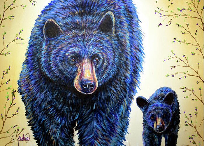Black Bear Greeting Card featuring the painting Huckleberry Hunters by Teshia Art